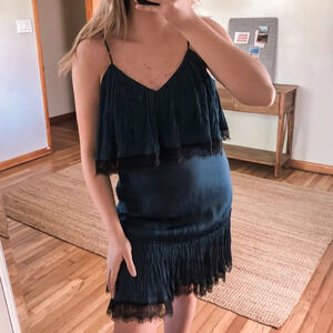 Halston Heritage Evening Collection Navy Lace Ruffle Cocktail Party Dress 6 NWT